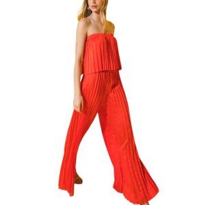 NWT Flying Tomato My Red Tomato Woven Jumpsuit Pleated Strapless Wide-Leg Small